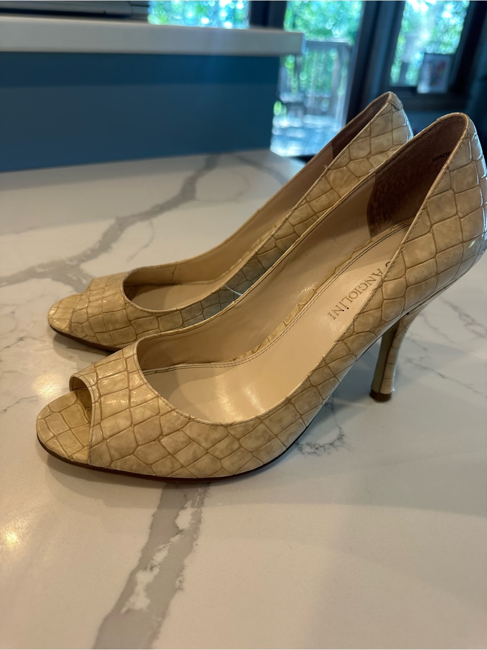 Enzo Angiolini Cream Croc-Embossed Peep-Toe Stilettos